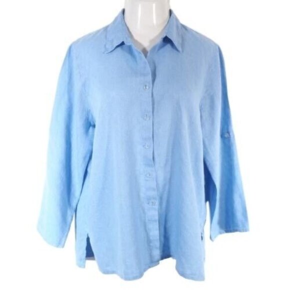 Sag Harbor Womens Top Size XL Washable Linen Basket Weave Faux Roll Tab Blue - Picture 1 of 10